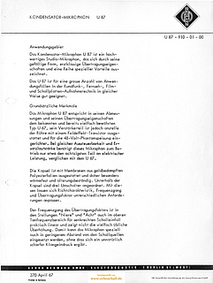 Neumann Prospekt U87 Mikrofon 1967 deutsch