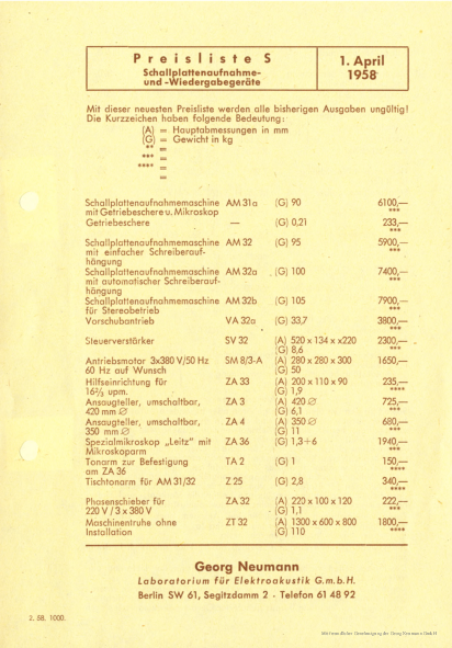 Neumann Preisliste Schallplattentechnik 1958 deutsch