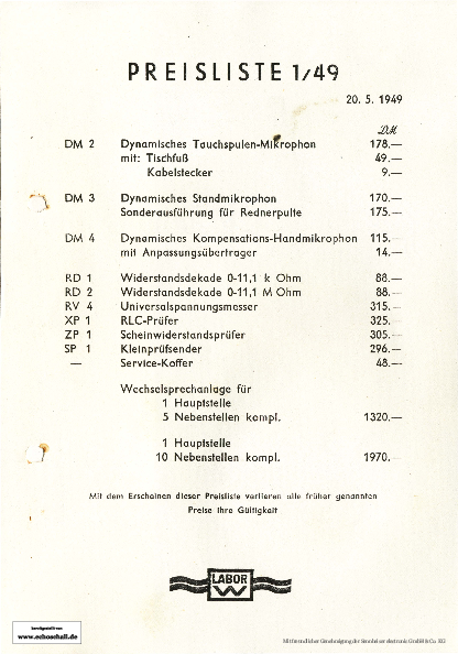 Sennheiser Labor W Preisliste 1949 deutsch