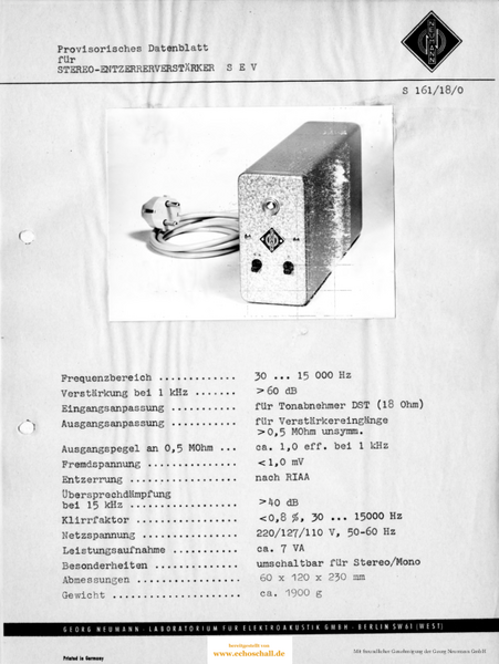 Neumann Prospekt SEV1 Phono-Entzerrer 1961 deutsch