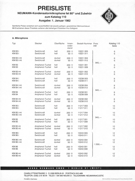 Neumann Preisliste Mikrofone 1982 deutsch