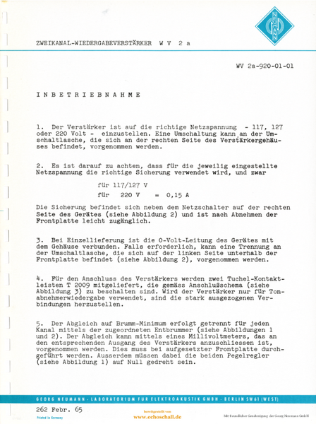 Neumann Manual WV2a Zweikanal-Wiedergabeverstärker 1965 deutsch