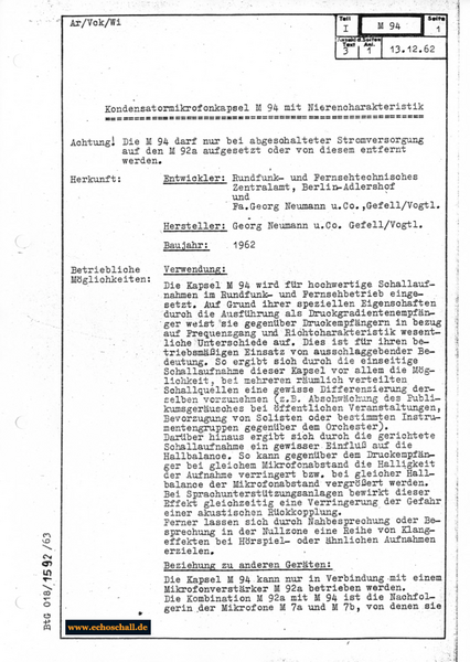 Neumann Gefell Typenblatt M94 Mikrofonkapsel 1962 deutsch