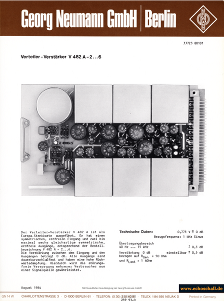 Neumann Prospekt V482A Verteiler-Verstärker 1984 deutsch
