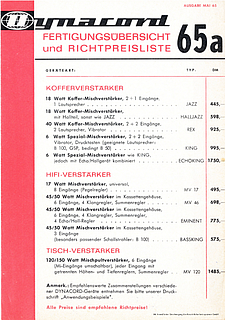 Dynacord Preisliste Fertigungsübersicht 1965 deutsch