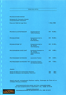 PPG Preisliste Synthesizerstudio Bonn 1985 deutsch