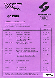 Yamaha Preisliste Synthesizerstudio Bonn 1979 deutsch
