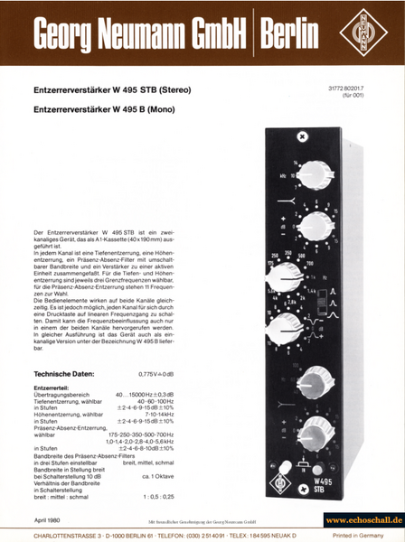 Neumann Prospekt W495STB W495B Aktive Summen-Equalizer 1980 deutsch