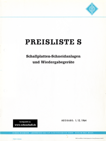 Neumann Preisliste Schallplattentechnik 1964 deutsch