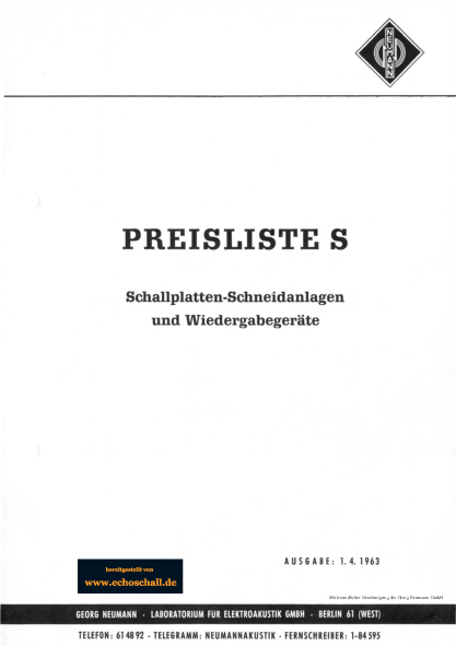 Neumann Preisliste Schallplattentechnik 1963 deutsch