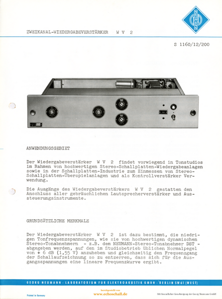 Neumann Prospekt WV2 WV2a Zweikanal-Wiedergabeverstärker 1960 deutsch