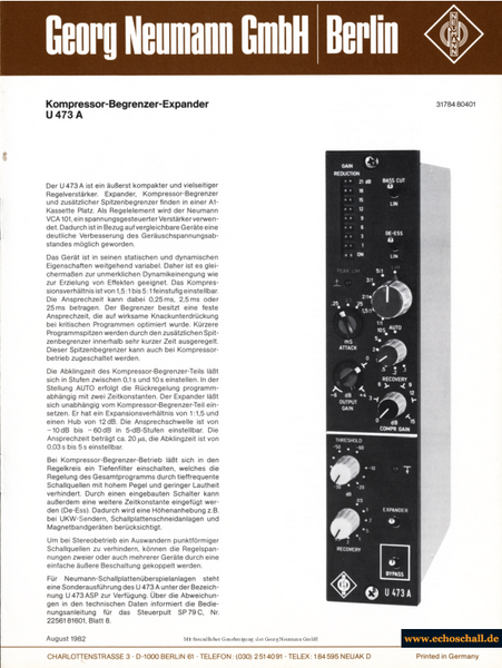 Neumann Prospekt U473A Kompressor Limiter Expander 1982 deutsch 