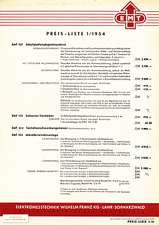 EMT Preisliste 1954 deutsch