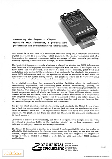 Sequential Circuits Brochure Model 64 MIDI Sequencer for C64 1983 english