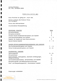 Schoeps Preisliste Mikrofone 1984 deutsch