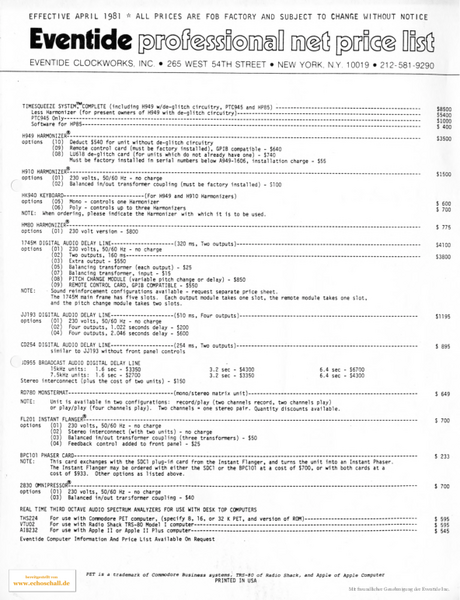Eventide Price List 1981 english