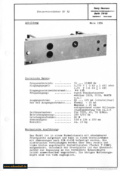 Neumann Prospekt SV32 Steuerverstärker 1956 deutsch
