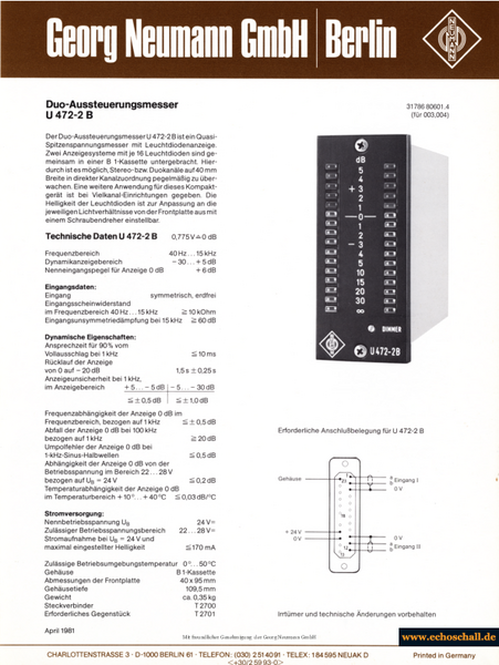 Neumann Prospekt U472-2b Duo Aussteuerungsmesser 1981 deutsch