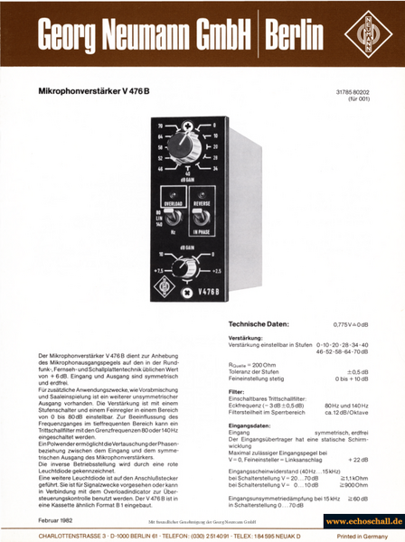 Neumann Prospekt V476B Mikrofonverstärker Mic Preamp 1982 deutsch