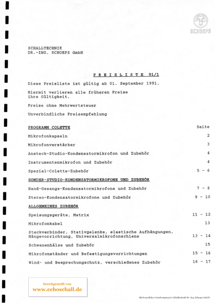Schoeps Preisliste Mikrofone 1991 deutsch
