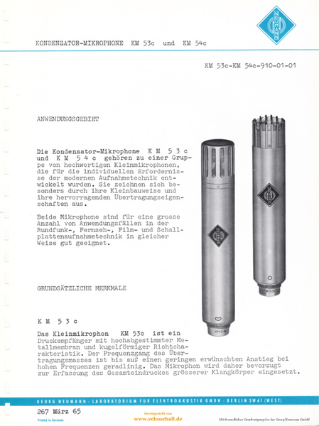 Neumann Prospekt KM53c KM54c Mikrofone 1965 deutsch